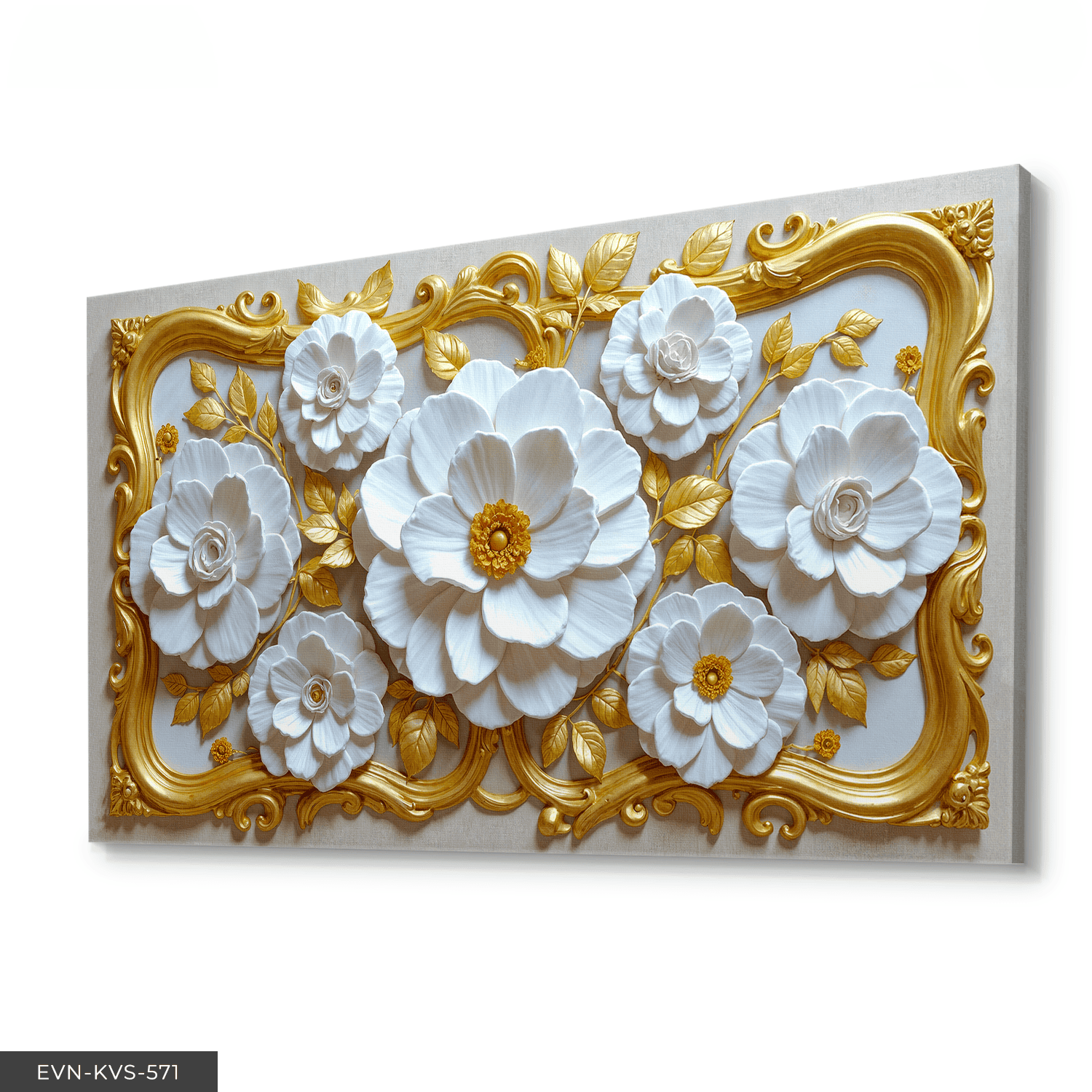 Gold Çerçeve Detaylı Beyaz Çiçek Tek Parça Kanvas - Canvas Tablo 65 x 45 CM - Çok Renkli