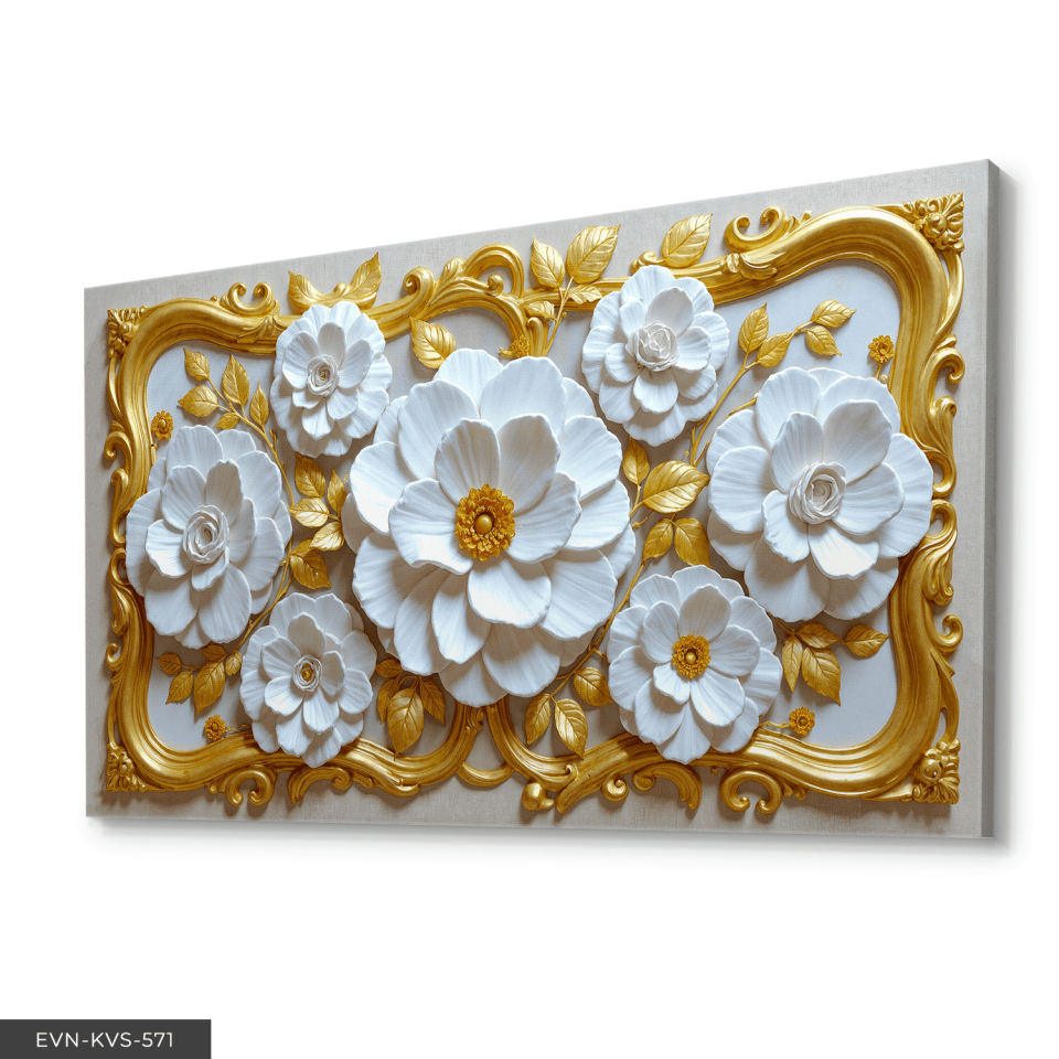 Gold Çerçeve Detaylı Beyaz Çiçek Tek Parça Kanvas - Canvas Tablo 65 x 45 CM - Çok Renkli