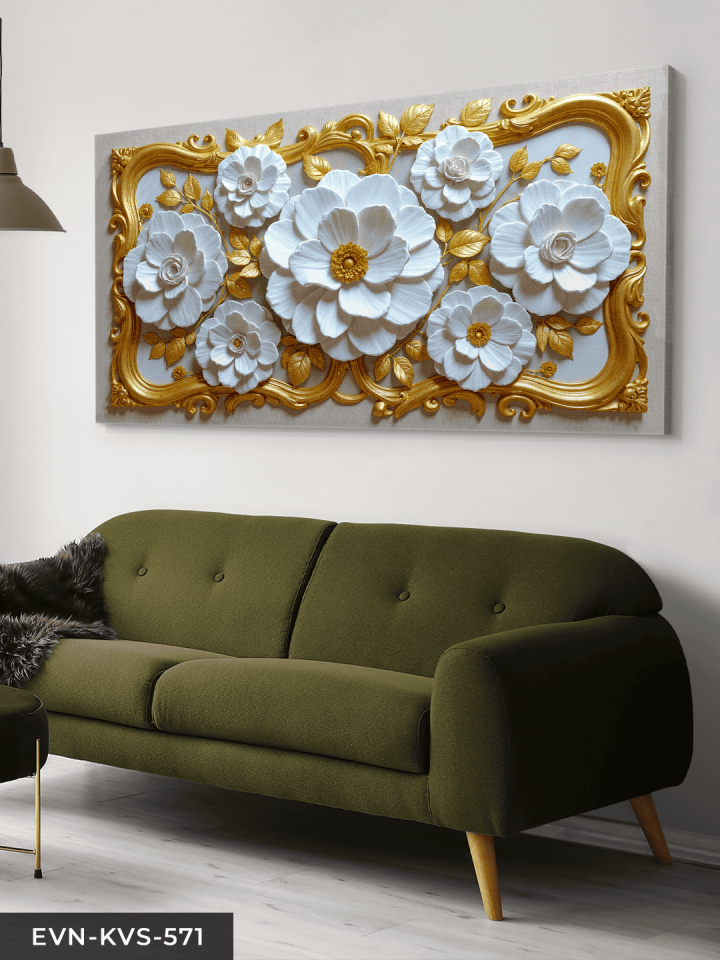 Gold Çerçeve Detaylı Beyaz Çiçek Tek Parça Kanvas - Canvas Tablo 65 x 45 CM - Çok Renkli