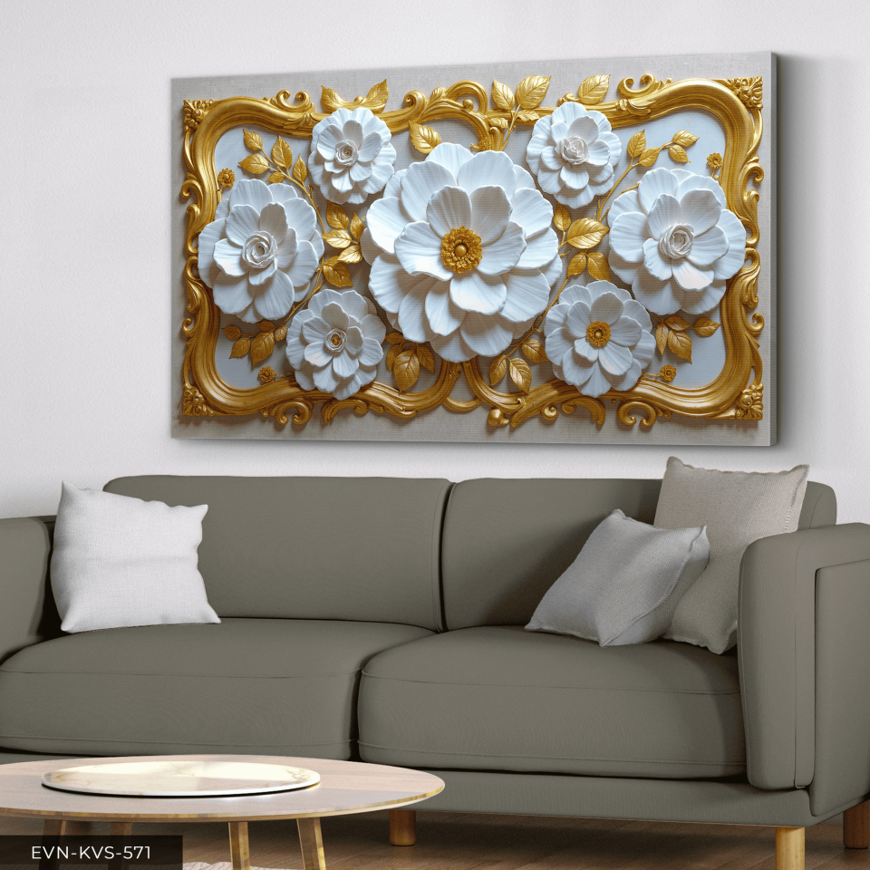 Gold Çerçeve Detaylı Beyaz Çiçek Tek Parça Kanvas - Canvas Tablo 65 x 45 CM - Çok Renkli