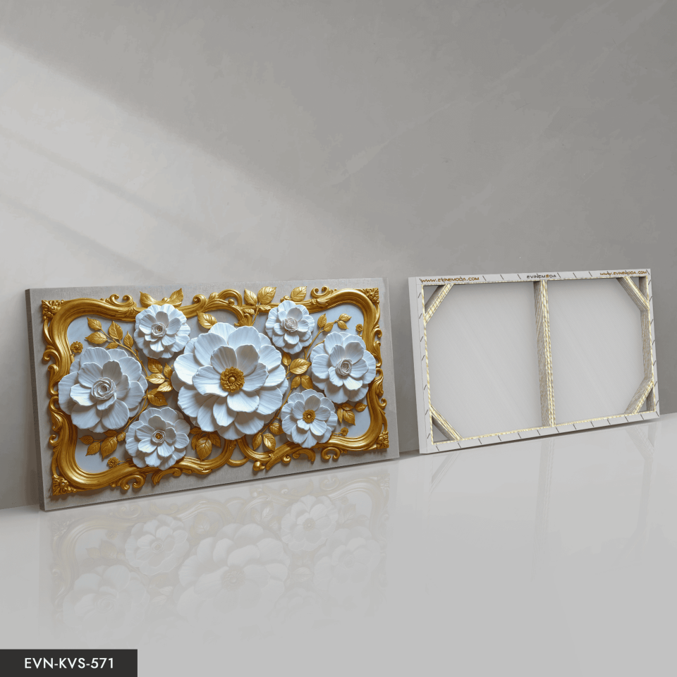 Gold Çerçeve Detaylı Beyaz Çiçek Tek Parça Kanvas - Canvas Tablo 65 x 45 CM - Çok Renkli