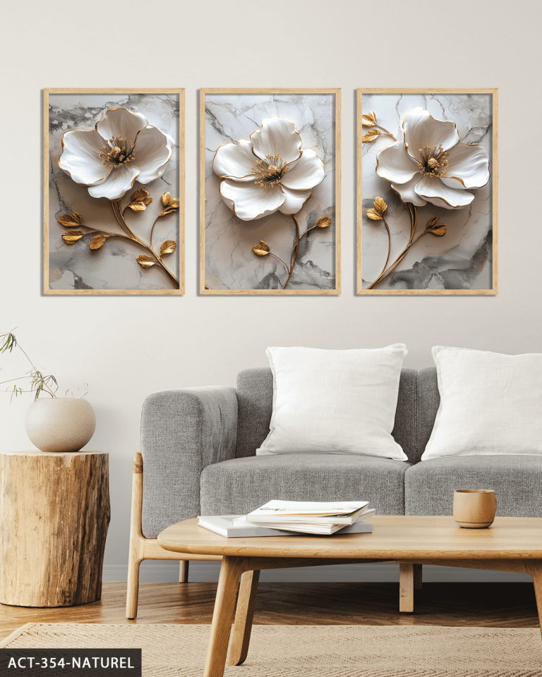 Gold Yapraklı Beyaz Çiçek 3 Parça Ahşap Çerçeveli Tablo ACT Naturel - 50 x 70 CM