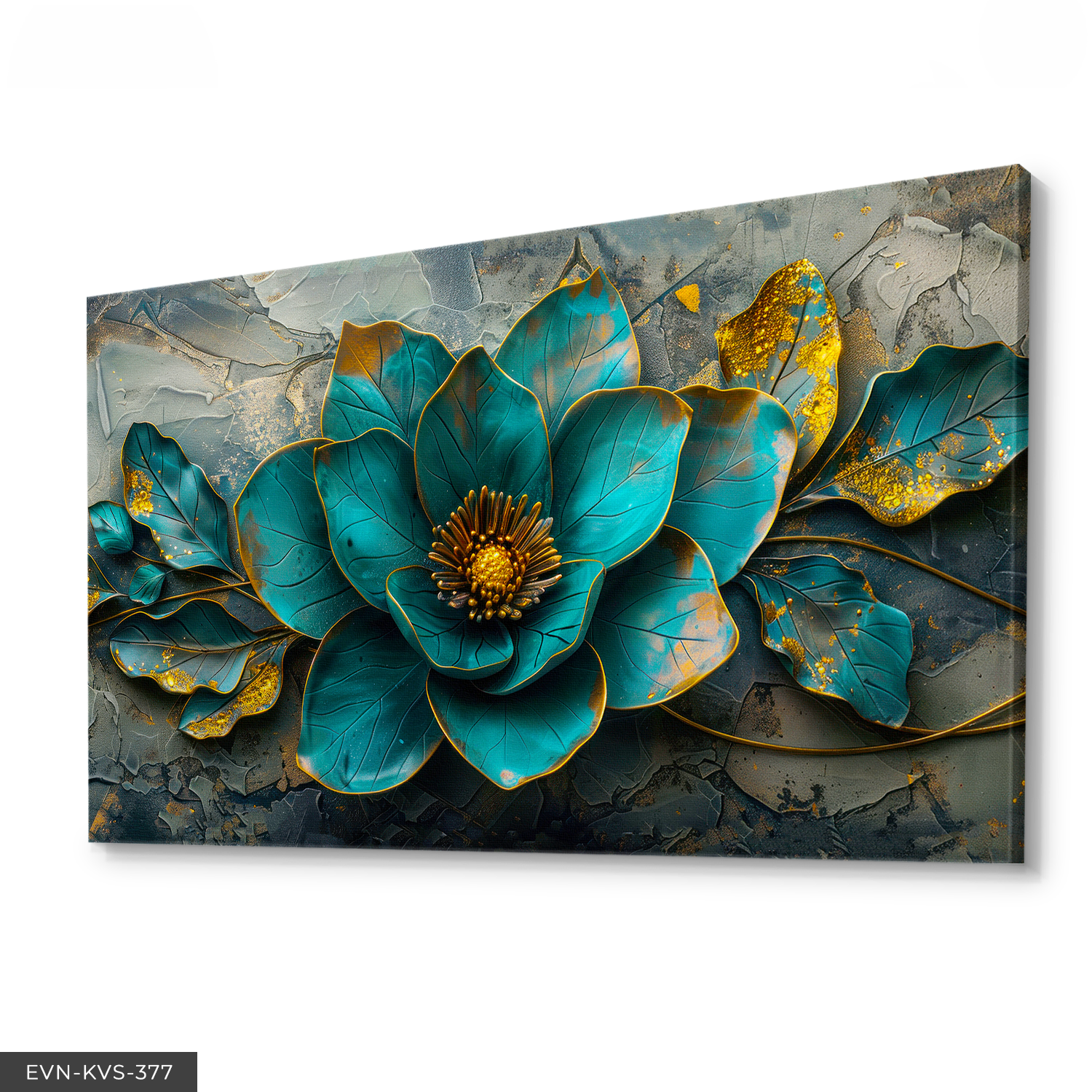 Gold Detaylı Yeşil Yapraklar Ve Çiçek Tek Parça Kanvas - Canvas Tablo 140 x 90 CM - Çok Renkli