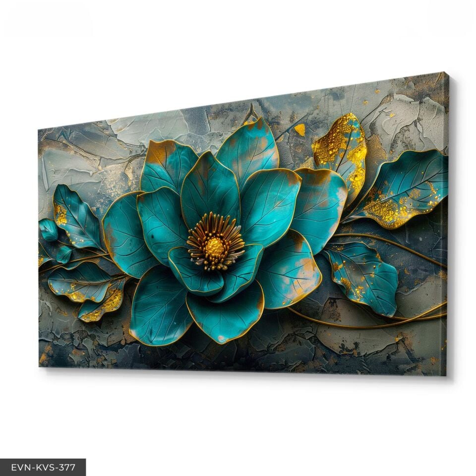 Gold Detaylı Yeşil Yapraklar Ve Çiçek Tek Parça Kanvas - Canvas Tablo 140 x 90 CM - Çok Renkli