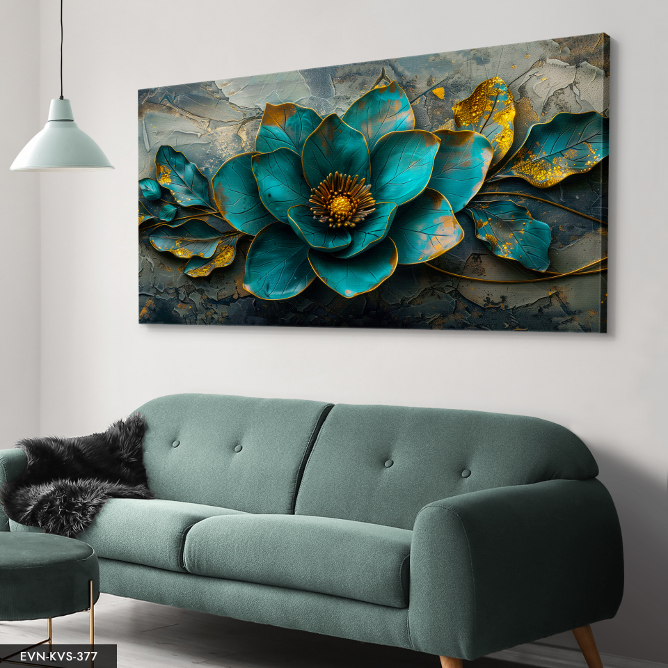 Gold Detaylı Yeşil Yapraklar Ve Çiçek Tek Parça Kanvas - Canvas Tablo 140 x 90 CM - Çok Renkli