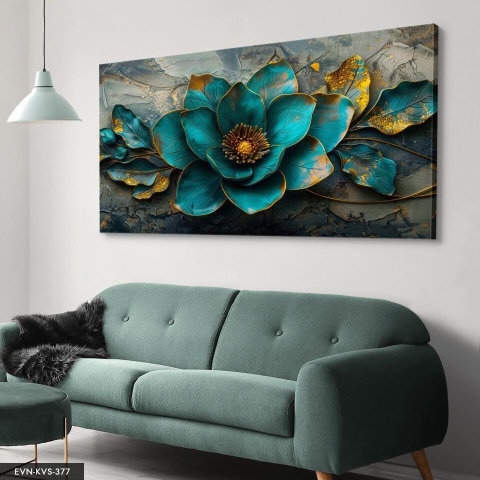 Gold Detaylı Yeşil Yapraklar Ve Çiçek Tek Parça Kanvas - Canvas Tablo 40 x 30 CM - Çok Renkli