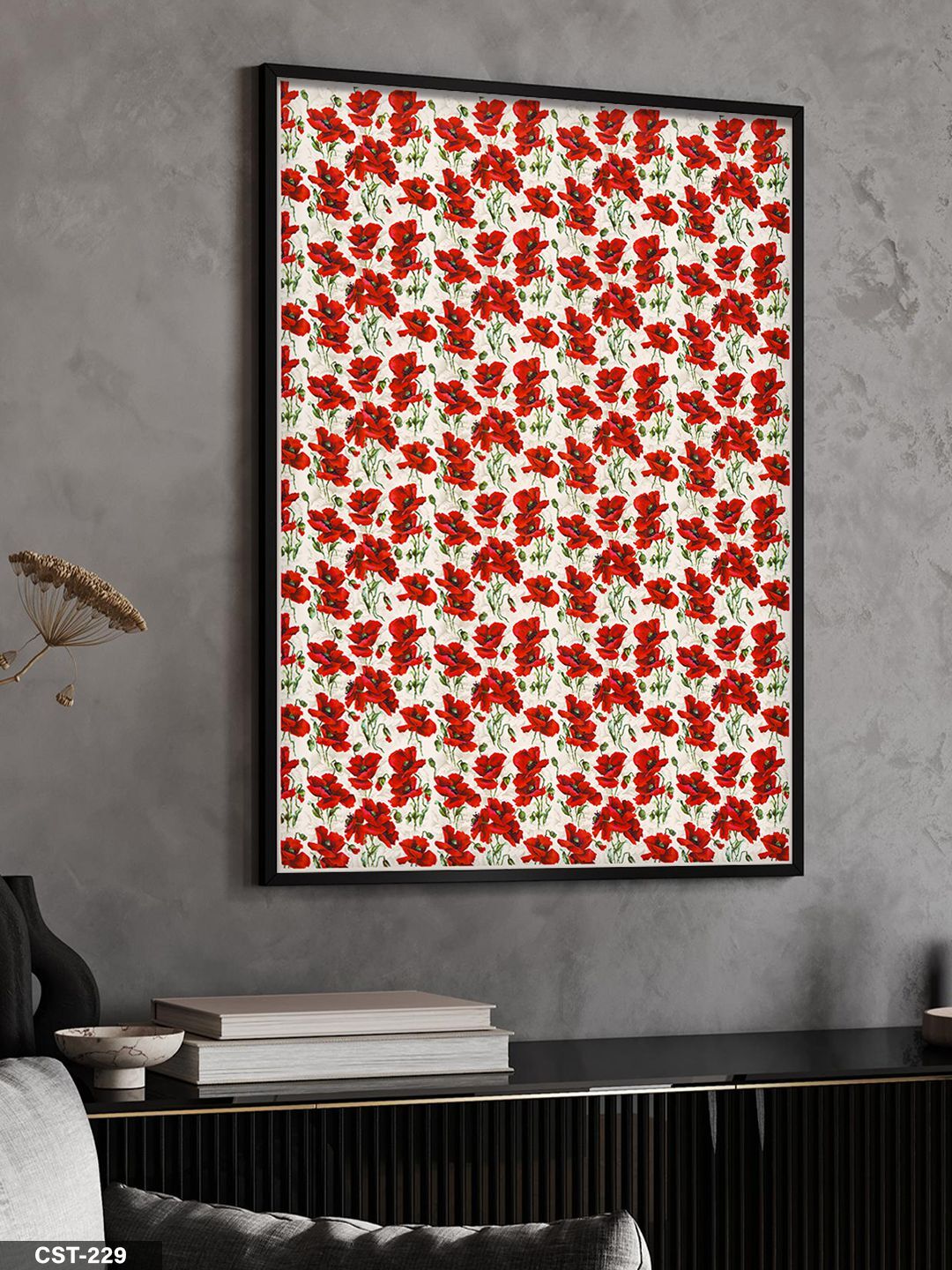 Kırmızı Çiçekler Tek Parça Ahşap Çerçeveli Tablo Siyah - 50 x 70 CM