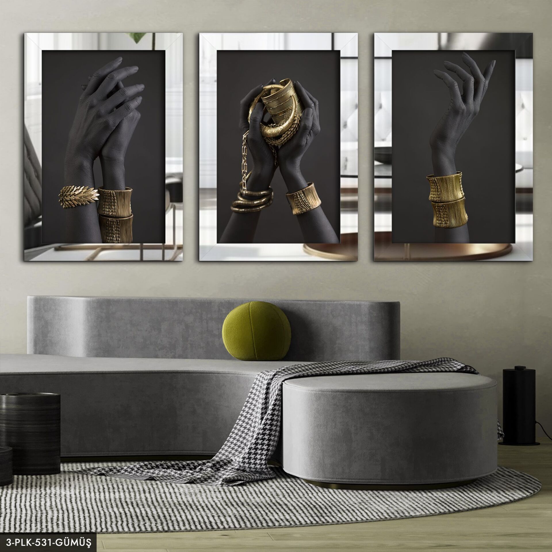Sanatsal Bileklik 3 Parça Pleksi Aynalı Tablo 60 x 80 CM - Gümüş