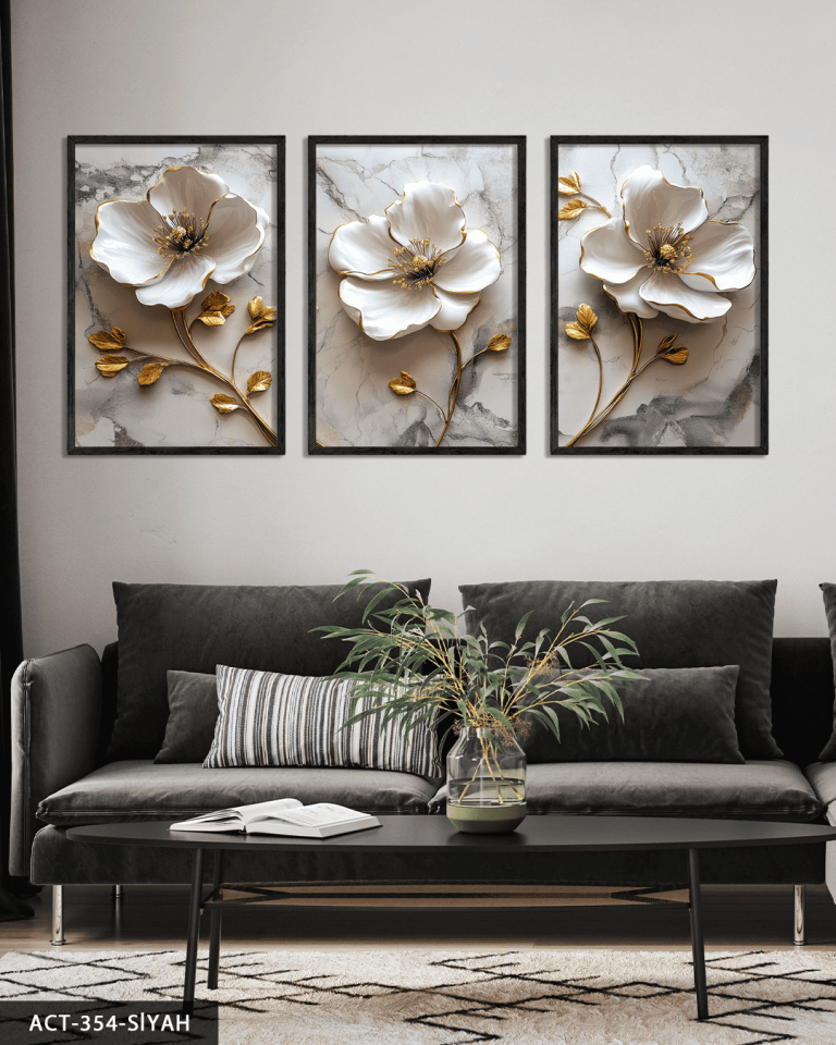 Gold Yapraklı Beyaz Çiçek 3 Parça Ahşap Çerçeveli Tablo ACT Siyah - 30 x 40 CM