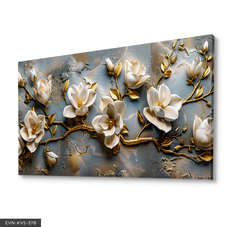 Gold Detaylı Krem Çiçekler Tek Parça Kanvas - Canvas Tablo 140 x 90 CM - Çok Renkli