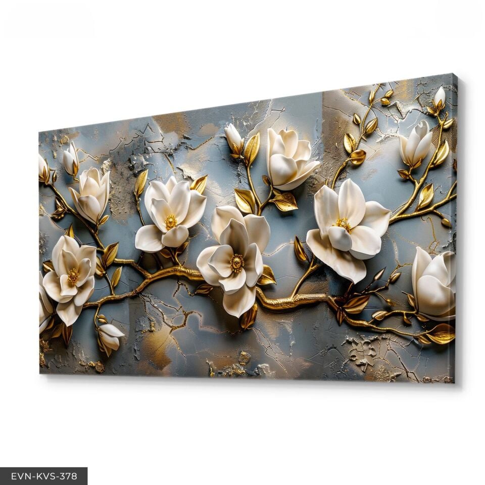 Gold Detaylı Krem Çiçekler Tek Parça Kanvas - Canvas Tablo 140 x 90 CM - Çok Renkli