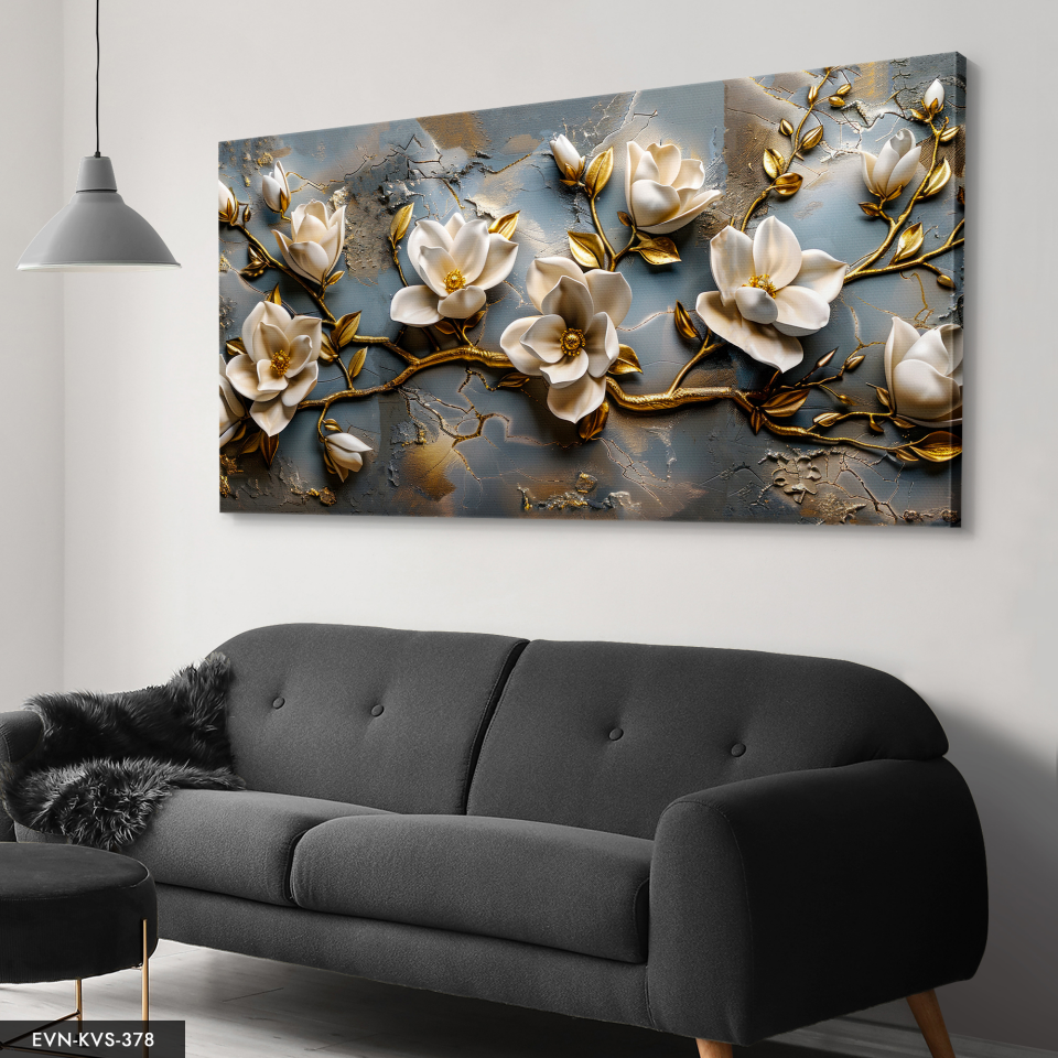 Gold Detaylı Krem Çiçekler Tek Parça Kanvas - Canvas Tablo 140 x 90 CM - Çok Renkli