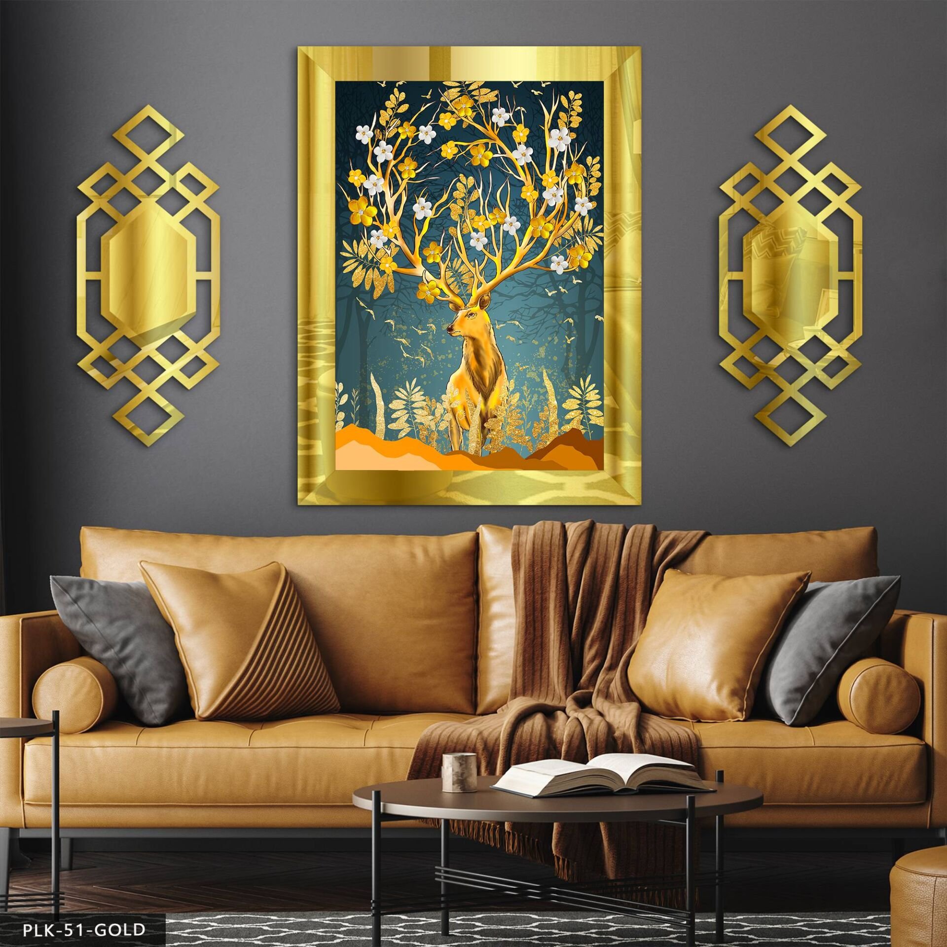 Gold Geyik Yan Dekorlu 3 Parça Pleksi Tablo DKRPLK Gold - 110 x 80 CM