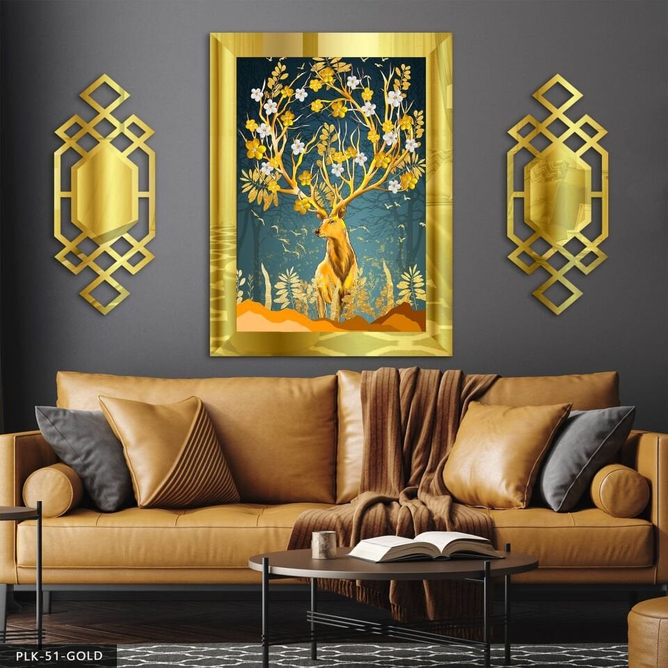 Gold Geyik Yan Dekorlu 3 Parça Pleksi Tablo DKRPLK Gold - 110 x 80 CM