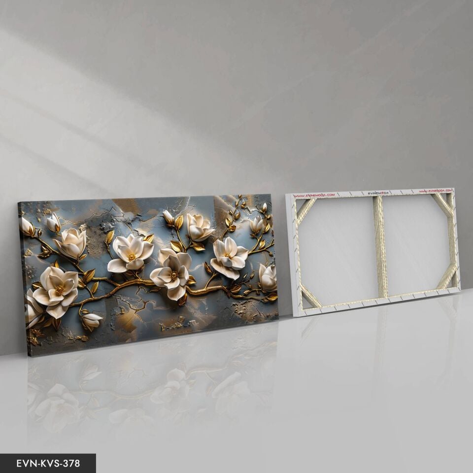 Gold Detaylı Krem Çiçekler Tek Parça Kanvas - Canvas Tablo 40 x 30 CM - Çok Renkli