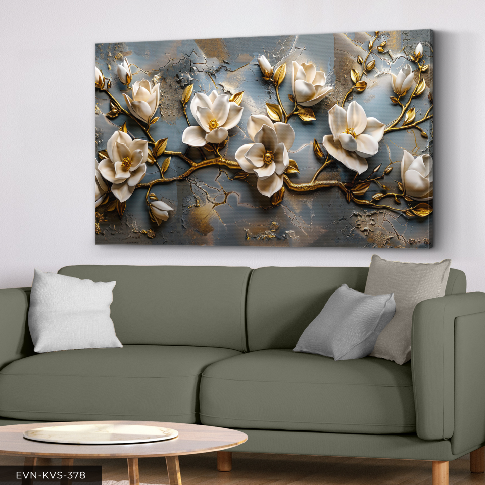 Gold Detaylı Krem Çiçekler Tek Parça Kanvas - Canvas Tablo 140 x 90 CM - Çok Renkli