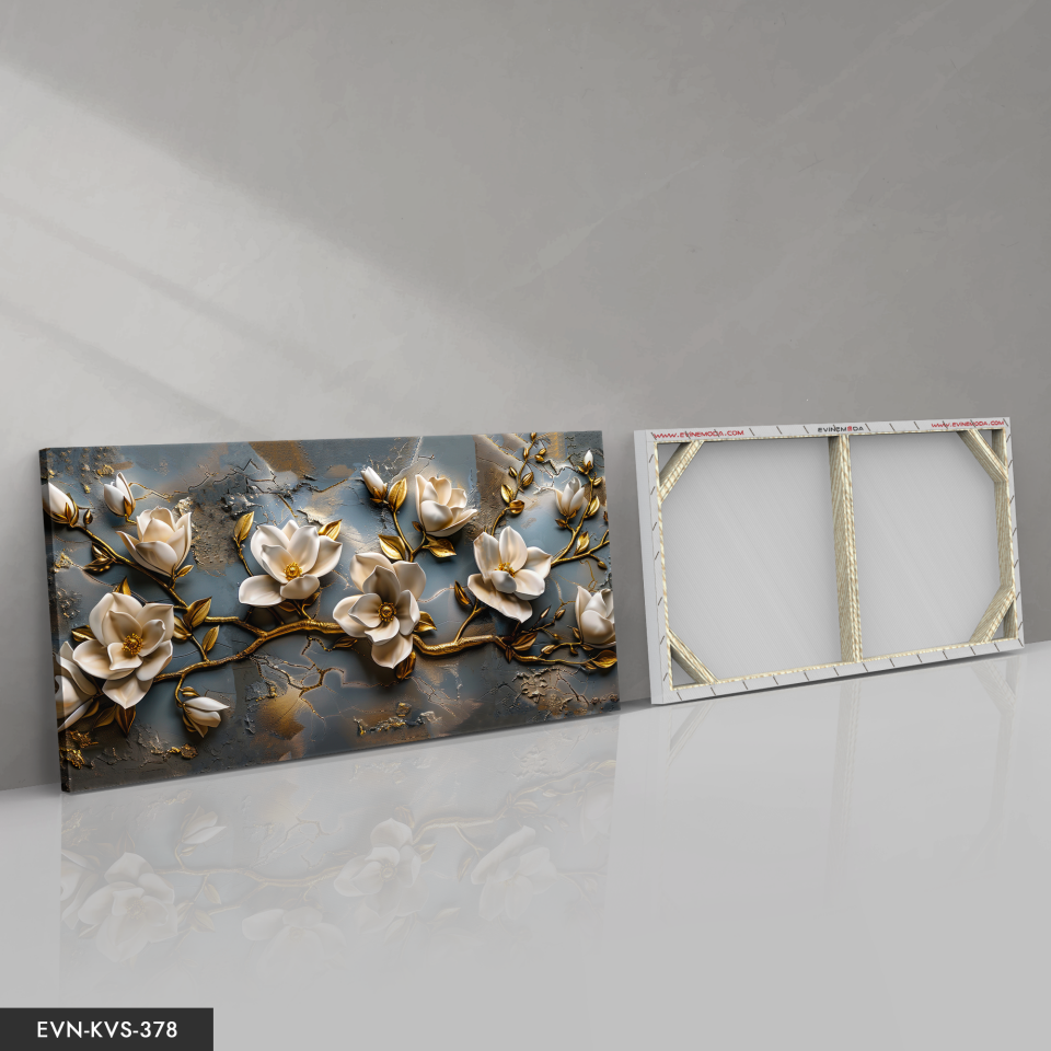 Gold Detaylı Krem Çiçekler Tek Parça Kanvas - Canvas Tablo 140 x 90 CM - Çok Renkli