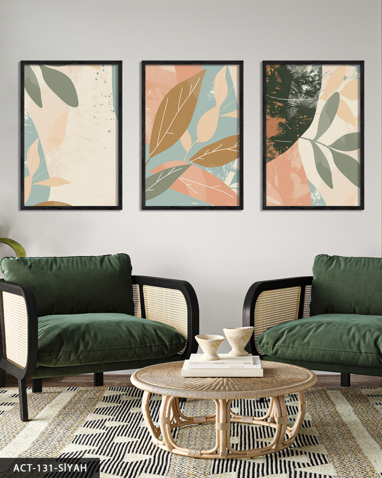 Boho Tarzı Renkli Yapraklar 3 Parça Ahşap Çerçeveli Tablo ACT Siyah - 30 x 40 CM