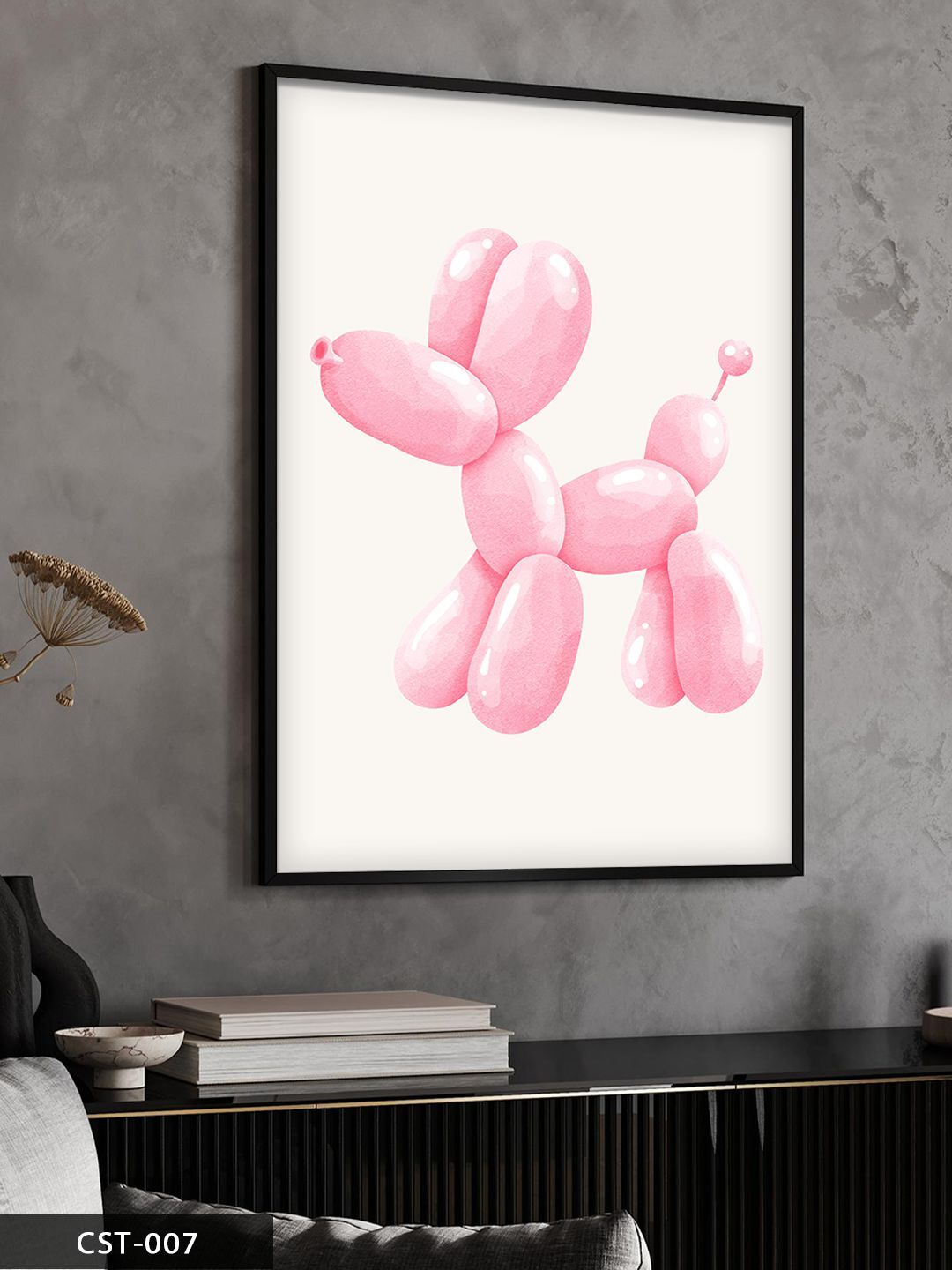 Pembe Balon köpek Tek Parça Ahşap Çerçeveli Tablo Siyah - 20 x 30 CM