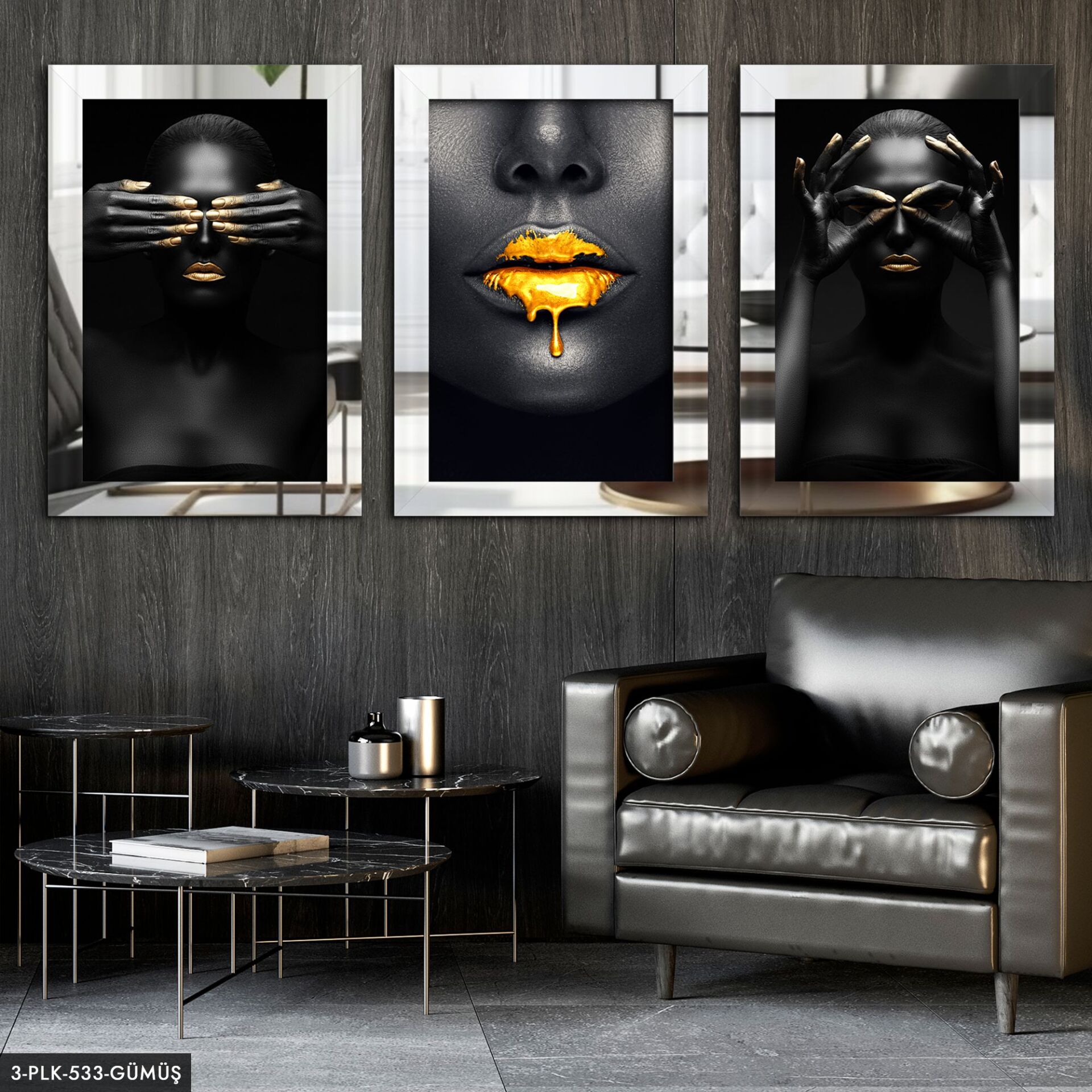 Afrikalı Kadınlar 3 Parça Pleksi Aynalı Tablo 60 x 80 CM - Gümüş