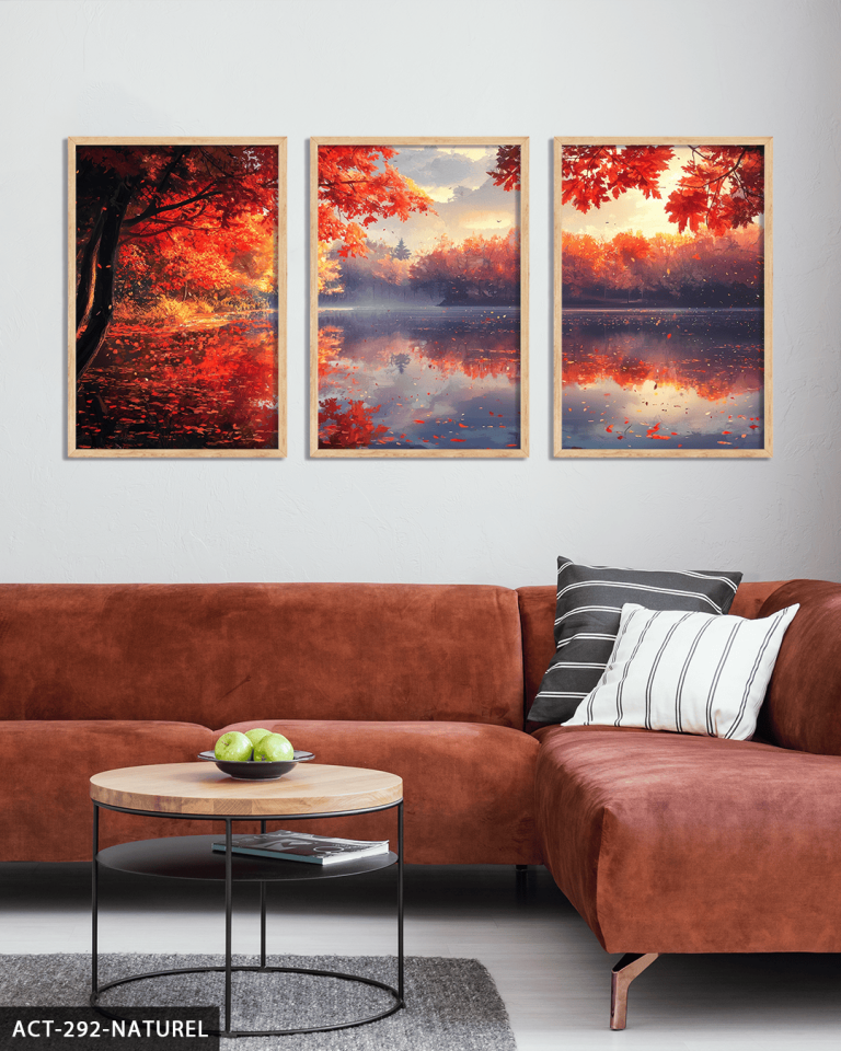 Sonbaharda Göl 3 Parça Ahşap Çerçeveli Tablo ACT Naturel - 30 x 40 CM