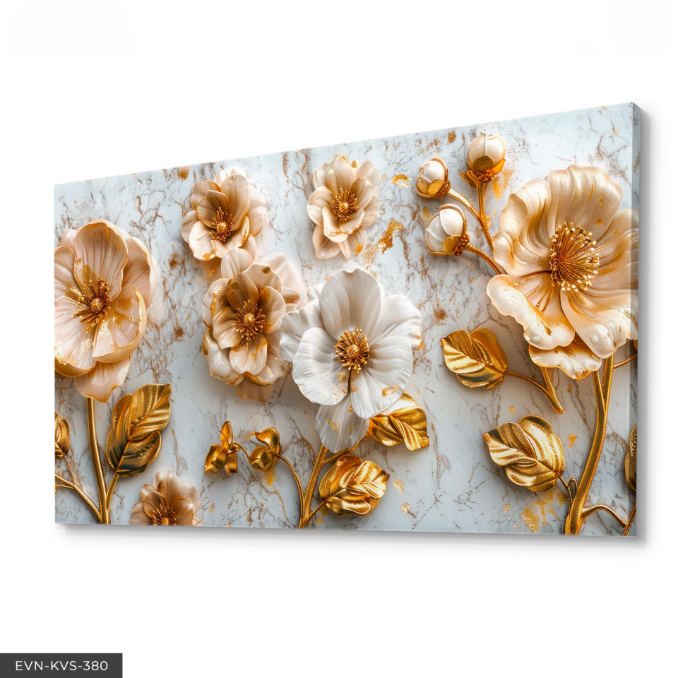 Üç Boyut Görünümlü Gold Detaylı  çiçekler Tek Parça Kanvas - Canvas Tablo 140 x 90 CM - Çok Renkli