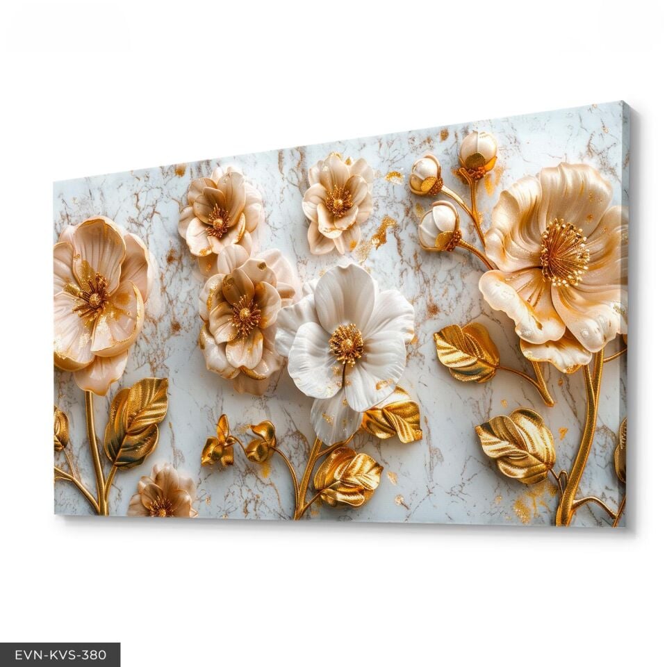 Üç Boyut Görünümlü Gold Detaylı  çiçekler Tek Parça Kanvas - Canvas Tablo 140 x 90 CM - Çok Renkli