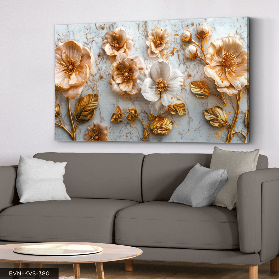 Üç Boyut Görünümlü Gold Detaylı  çiçekler Tek Parça Kanvas - Canvas Tablo 140 x 90 CM - Çok Renkli