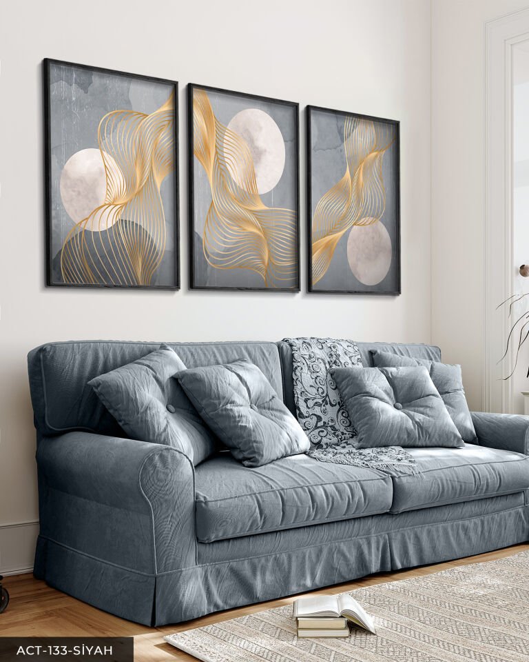 Gri Zeminde Gold Detaylı Dalgalar 3 Parça Ahşap Çerçeveli Tablo ACT Siyah - 30 x 40 CM