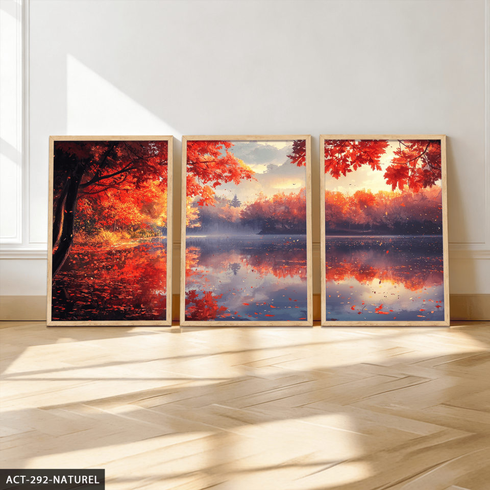 Sonbaharda Göl 3 Parça Ahşap Çerçeveli Tablo ACT Naturel - 40 x 60 CM