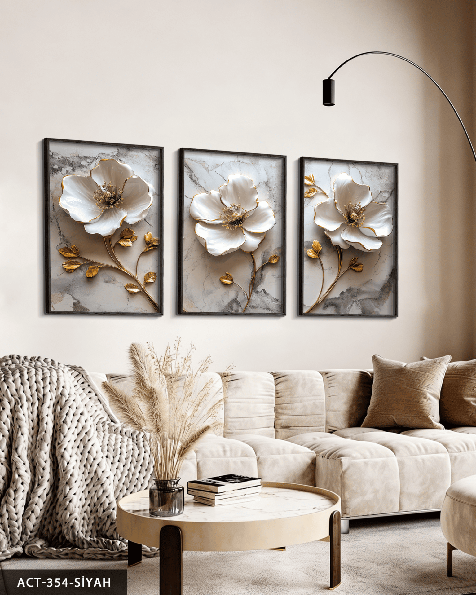 Gold Yapraklı Beyaz Çiçek 3 Parça Ahşap Çerçeveli Tablo ACT Siyah - 50 x 70 CM