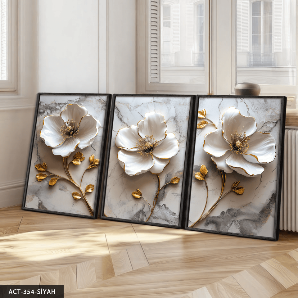 Gold Yapraklı Beyaz Çiçek 3 Parça Ahşap Çerçeveli Tablo ACT Siyah - 50 x 70 CM