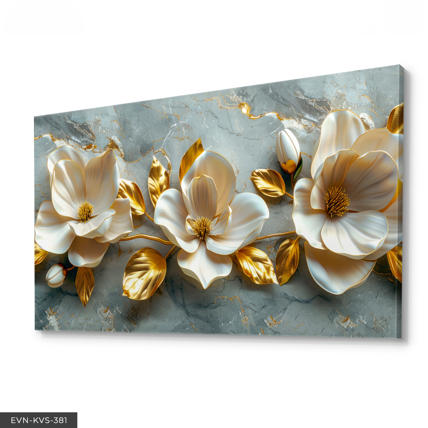 Gold Yapraklı Krem Çiçekler Tek Parça Kanvas - Canvas Tablo 140 x 90 CM - Çok Renkli