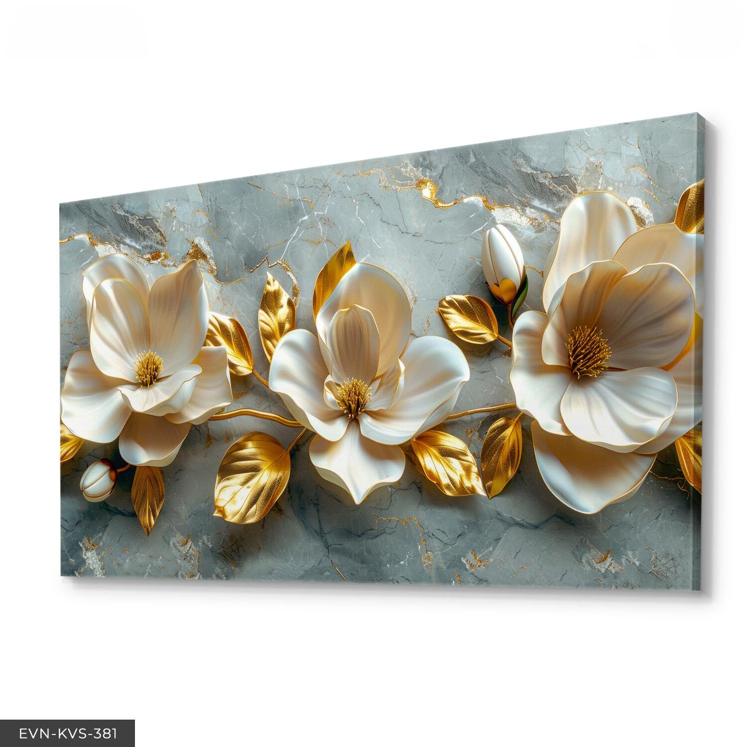 Gold Yapraklı Krem Çiçekler Tek Parça Kanvas - Canvas Tablo 40 x 30 CM - Çok Renkli