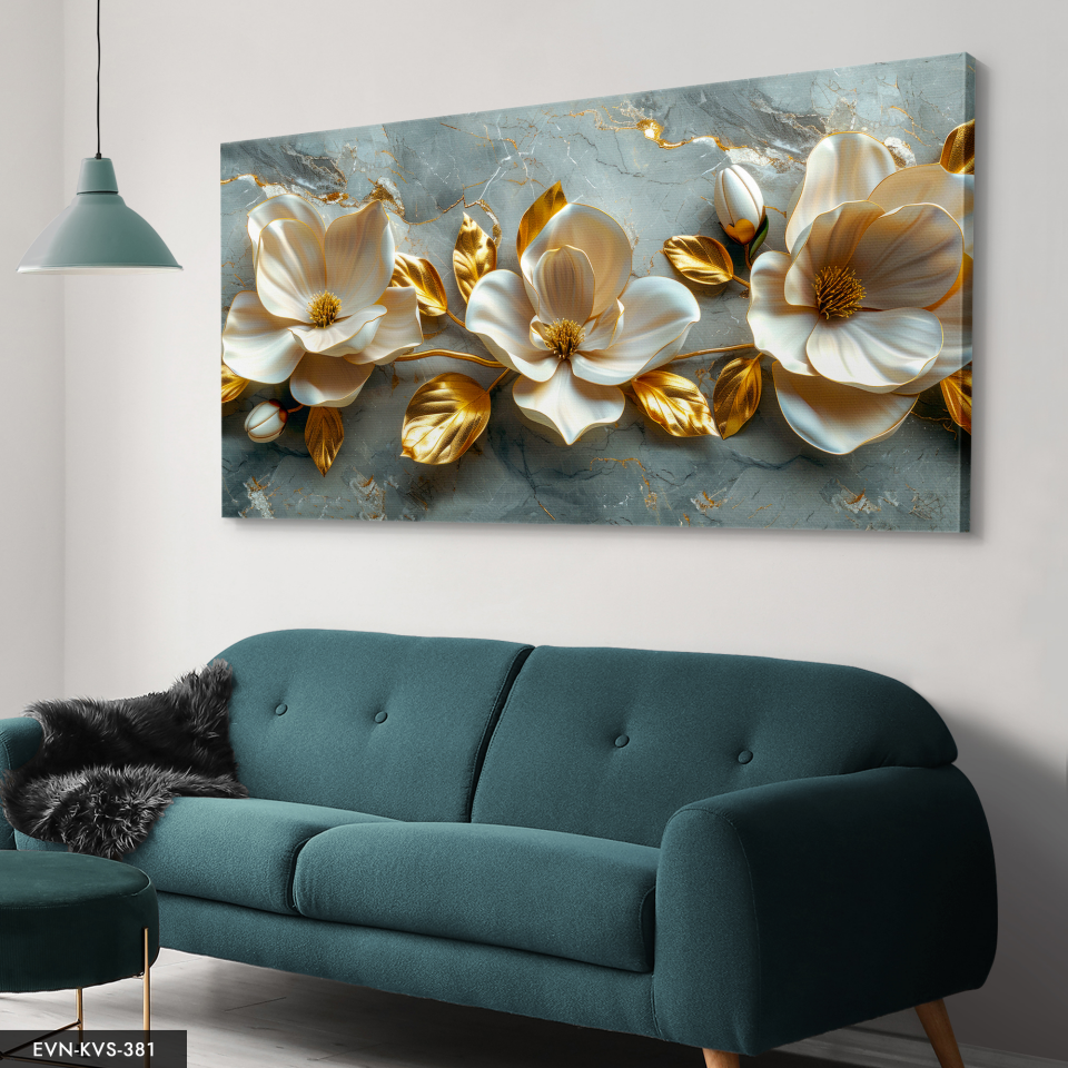 Gold Yapraklı Krem Çiçekler Tek Parça Kanvas - Canvas Tablo 140 x 90 CM - Çok Renkli