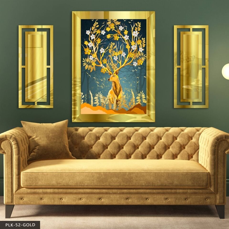 Gold Geyik Yan Dekorlu 3 Parça Pleksi Tablo DKRPLK Gold - 110 x 80 CM