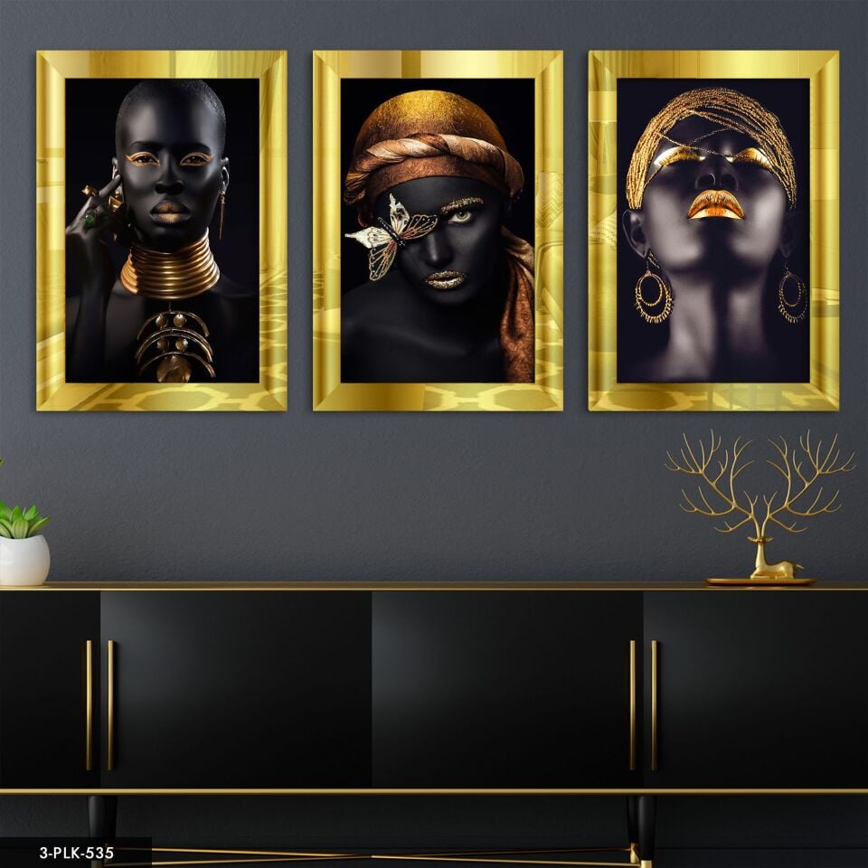 Afrikalı Kadınlar 3 Parça Pleksi Aynalı Tablo 60 x 80 CM - Gold