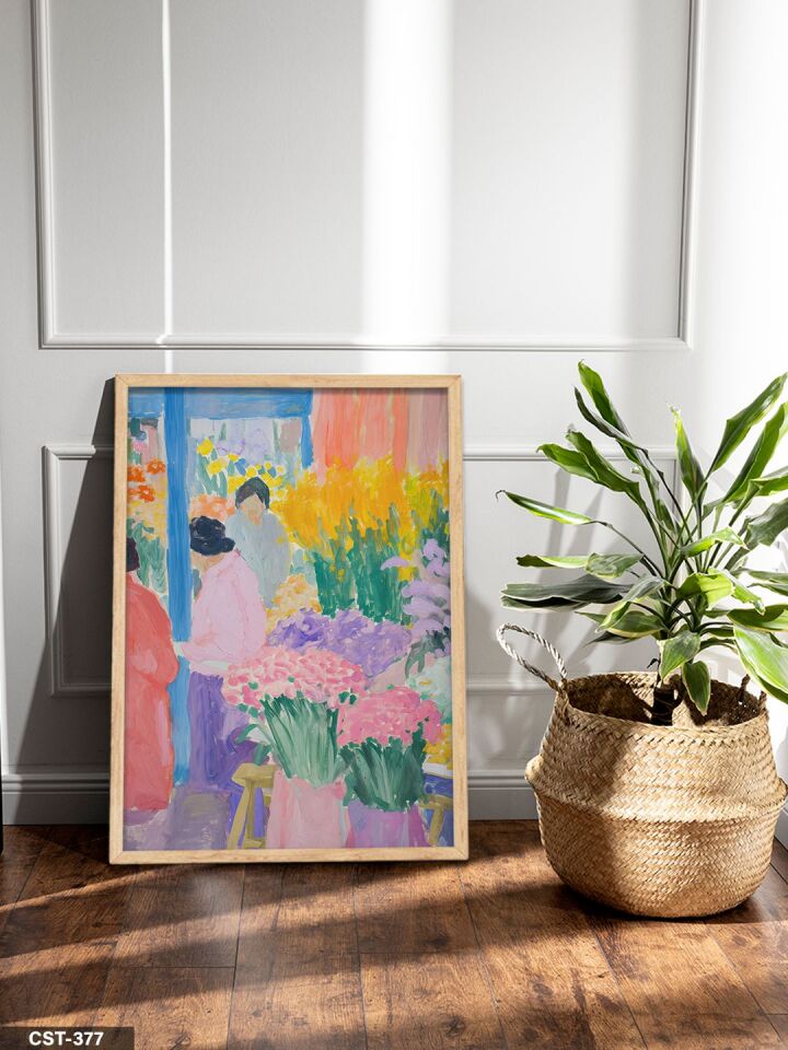 Gerrit Albertus Bereker Flower Market Tek Parça Ahşap Çerçeveli Tablo Naturel - 20 x 30 CM