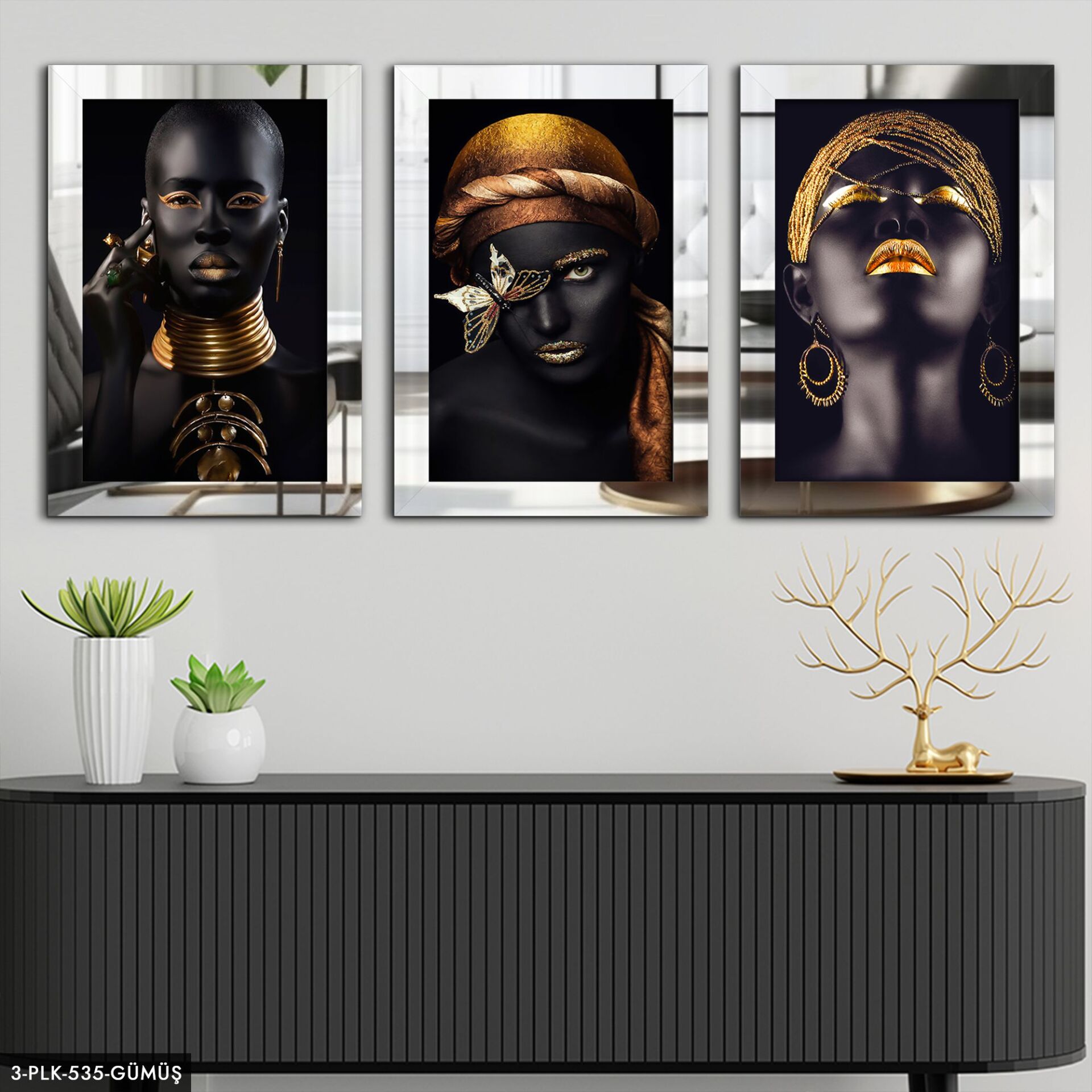 Afrikalı Kadınlar 3 Parça Pleksi Aynalı Tablo 60 x 80 CM - Gümüş
