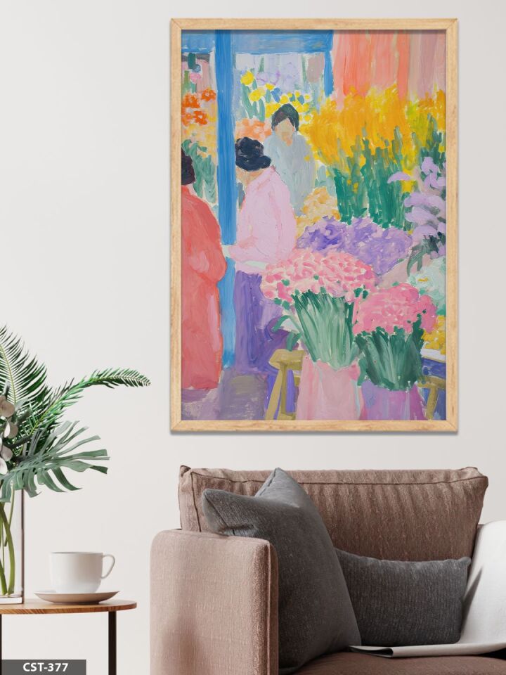 Gerrit Albertus Bereker Flower Market Tek Parça Ahşap Çerçeveli Tablo Naturel - 20 x 30 CM