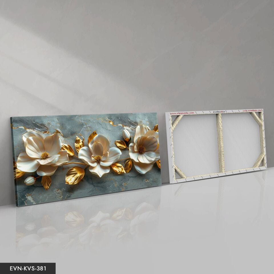 Gold Yapraklı Krem Çiçekler Tek Parça Kanvas - Canvas Tablo 40 x 30 CM - Çok Renkli