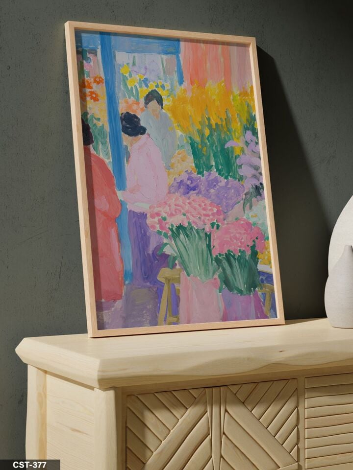 Gerrit Albertus Bereker Flower Market Tek Parça Ahşap Çerçeveli Tablo Naturel - 20 x 30 CM