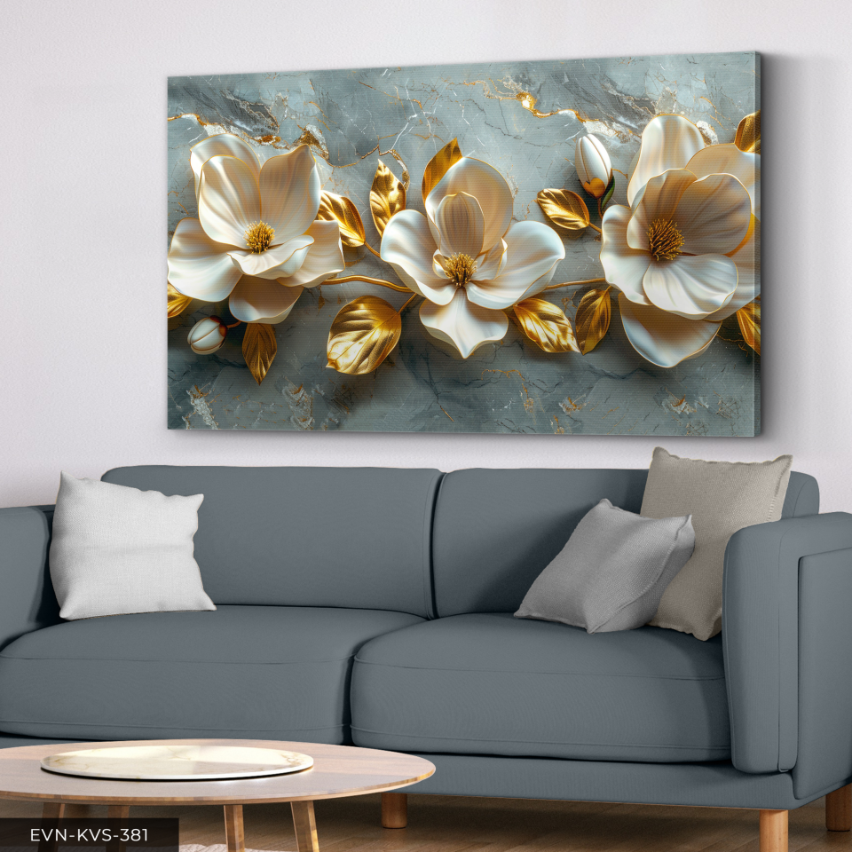 Gold Yapraklı Krem Çiçekler Tek Parça Kanvas - Canvas Tablo 140 x 90 CM - Çok Renkli