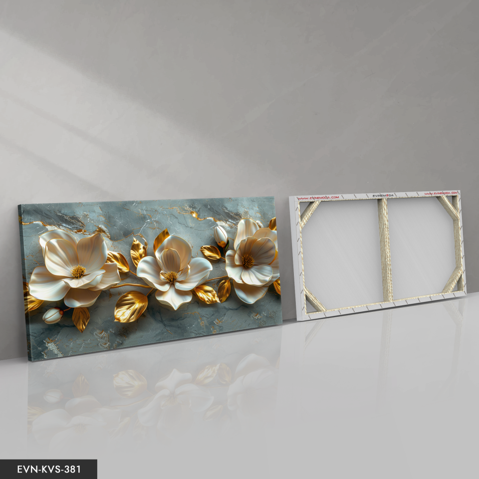 Gold Yapraklı Krem Çiçekler Tek Parça Kanvas - Canvas Tablo 140 x 90 CM - Çok Renkli
