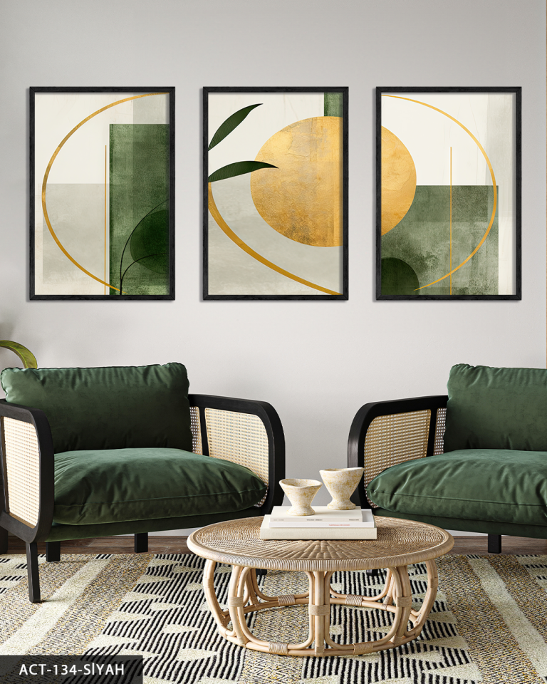 Gold ve Yeşil Soyut Sanat 3 Parça Ahşap Çerçeveli Tablo ACT Siyah - 30 x 40 CM