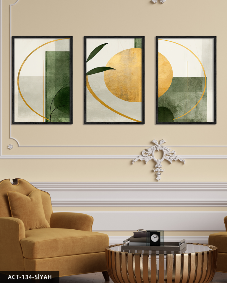 Gold ve Yeşil Soyut Sanat 3 Parça Ahşap Çerçeveli Tablo ACT Siyah - 30 x 40 CM