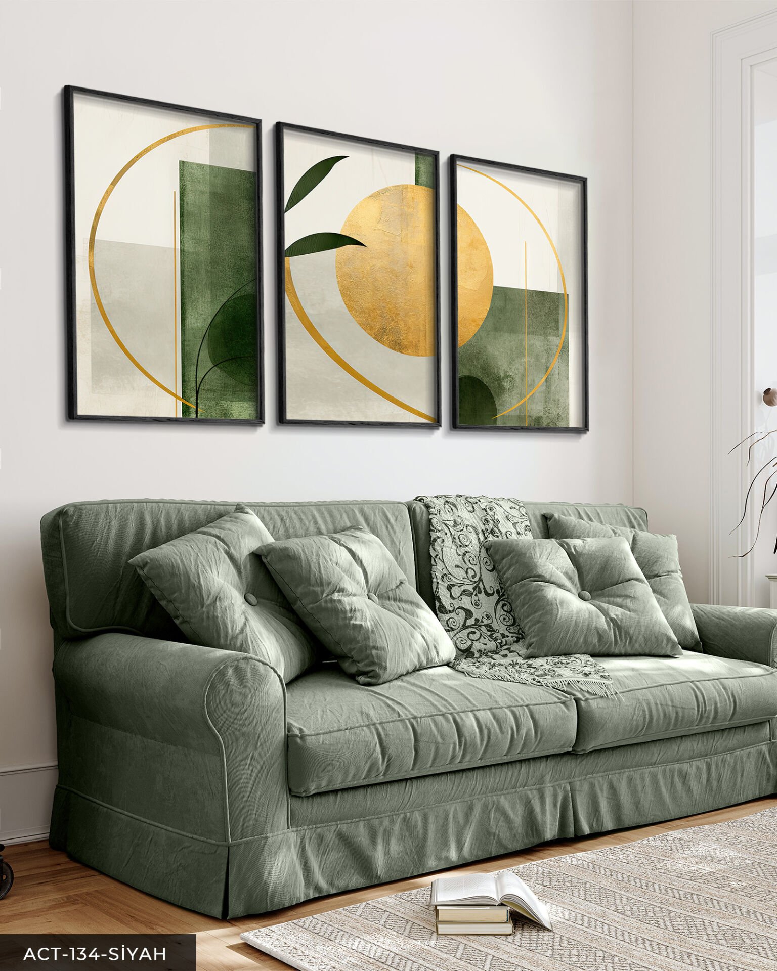 Gold ve Yeşil Soyut Sanat 3 Parça Ahşap Çerçeveli Tablo ACT Siyah - 30 x 40 CM