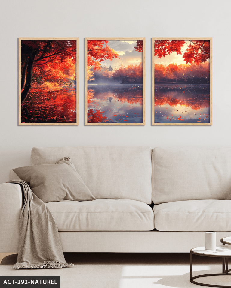 Sonbaharda Göl 3 Parça Ahşap Çerçeveli Tablo ACT Naturel - 50 x 70 CM