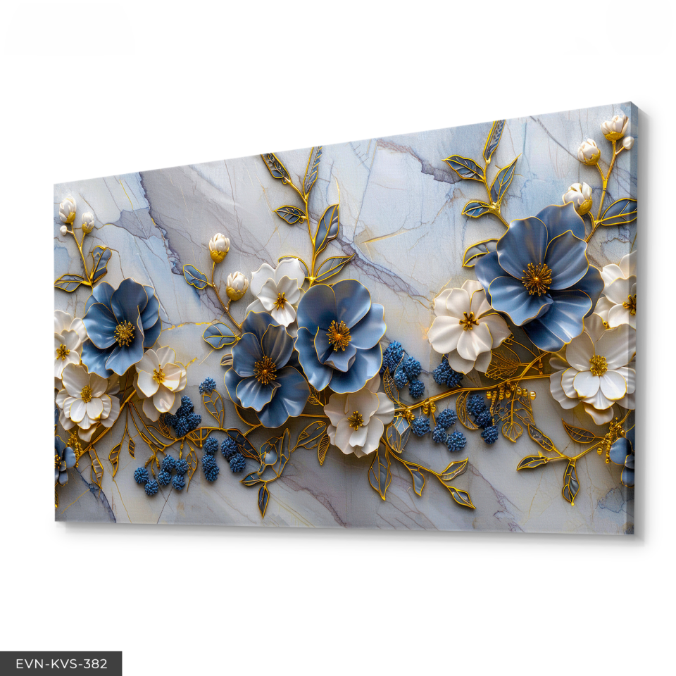 Mavi Beyaz Çiçekler Tek Parça Kanvas - Canvas Tablo 140 x 90 CM - Çok Renkli