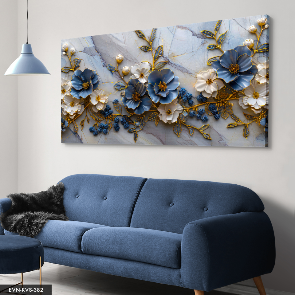 Mavi Beyaz Çiçekler Tek Parça Kanvas - Canvas Tablo 140 x 90 CM - Çok Renkli